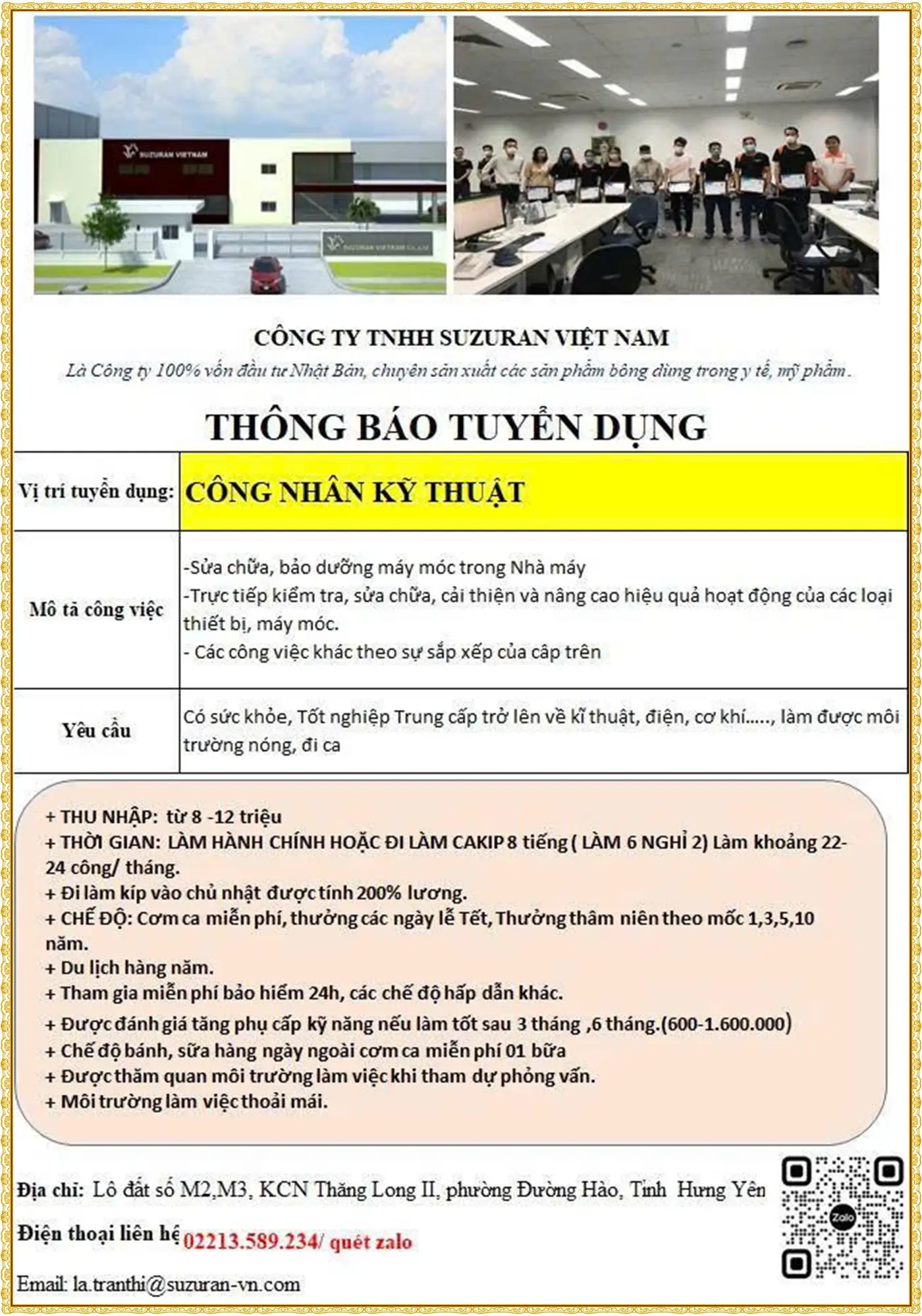 Hưng Yên tuyển công nhân kỹ thuật