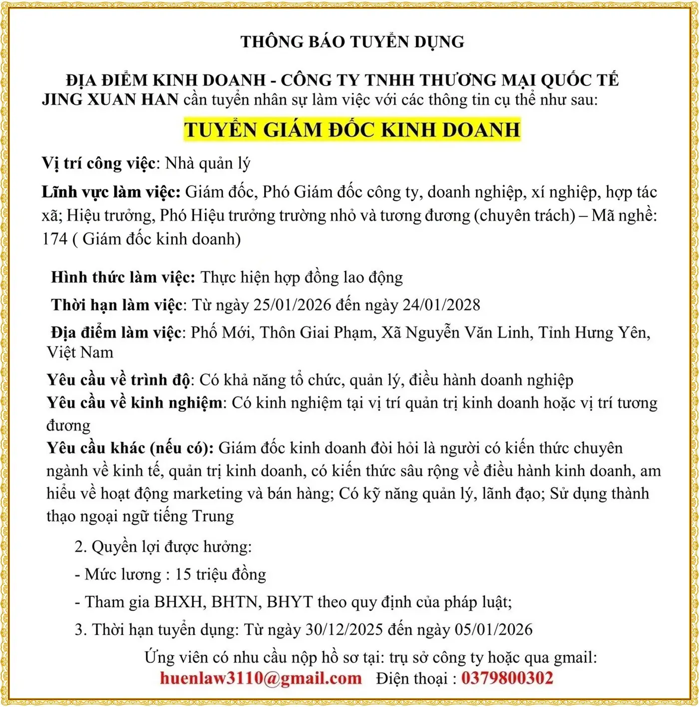 Hưng yên TUYỂN GIÁM ĐỐC KINH DOANH