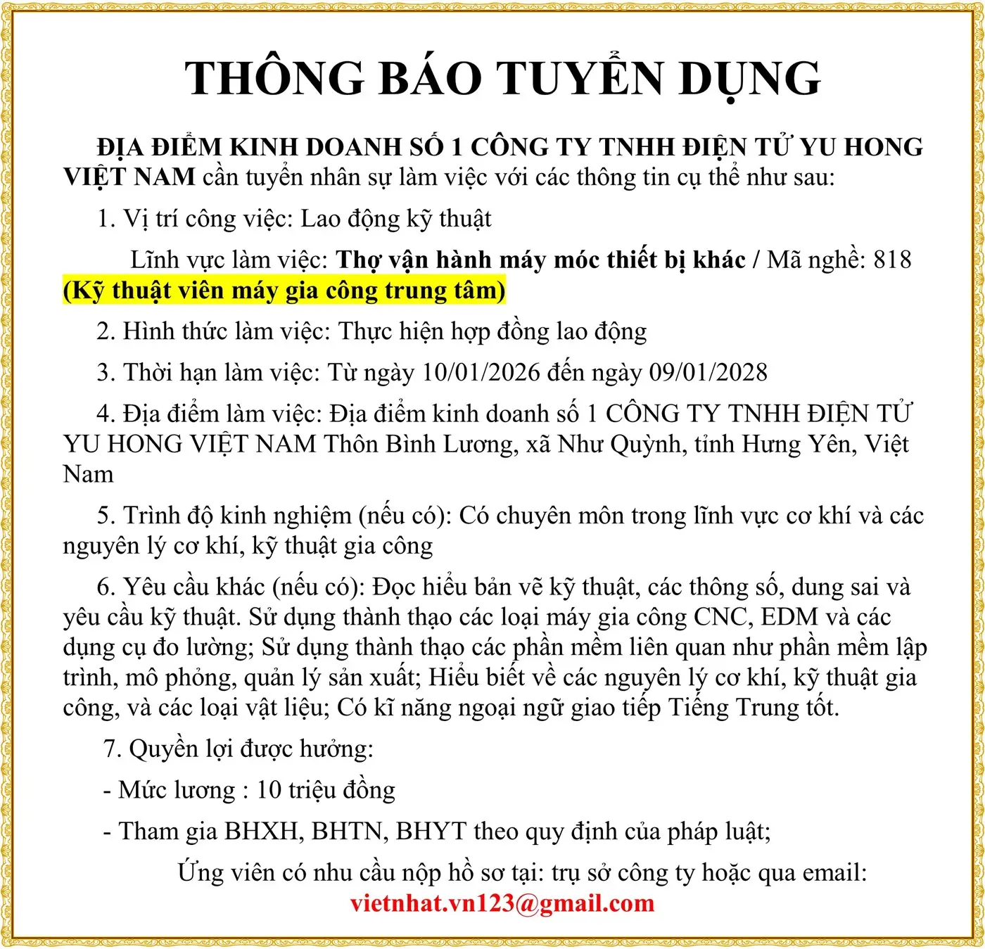 Ninh bình tuyển Kỹ thuật viên máy gia công trung tâm