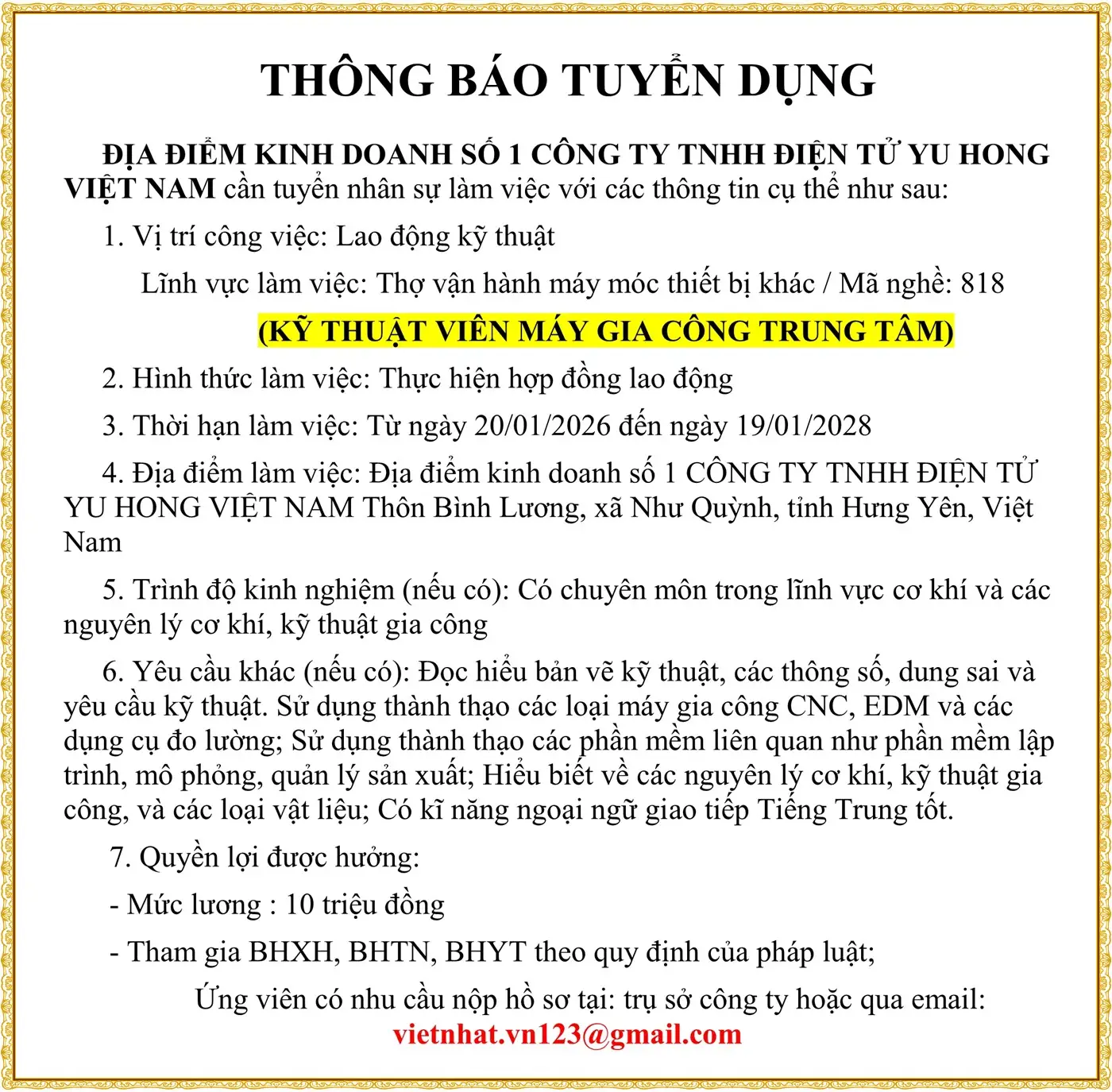 Ninh bình tuyển Kỹ thuật viên máy gia công trung tâm