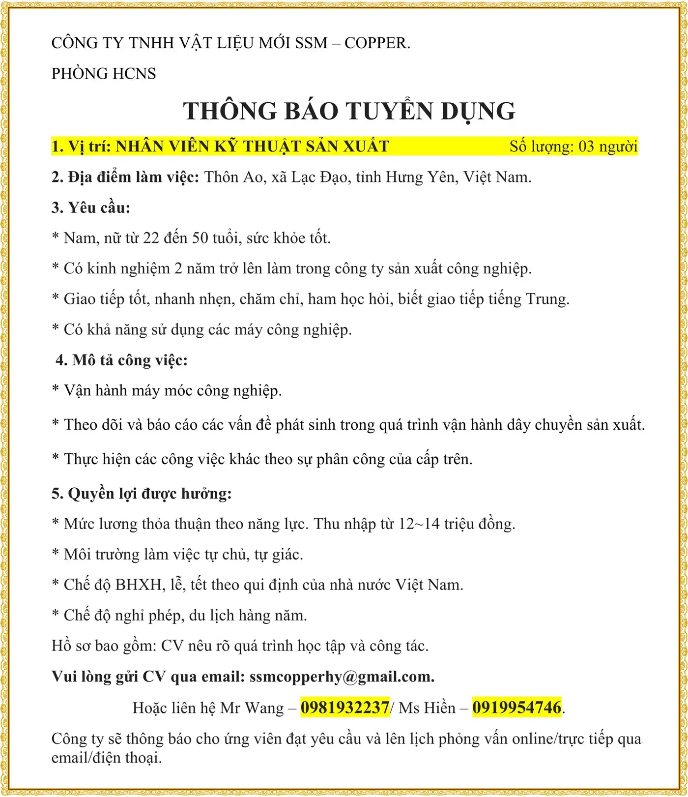 Tuyển NHÂN VIÊN KỸ THUẬT SẢN XUẤT tại Hưng Yên