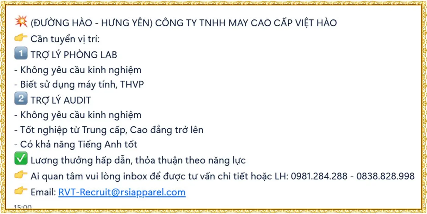 Hưng Yên tuyển TRỢ LÝ PHÒNG LAB, AUDIT