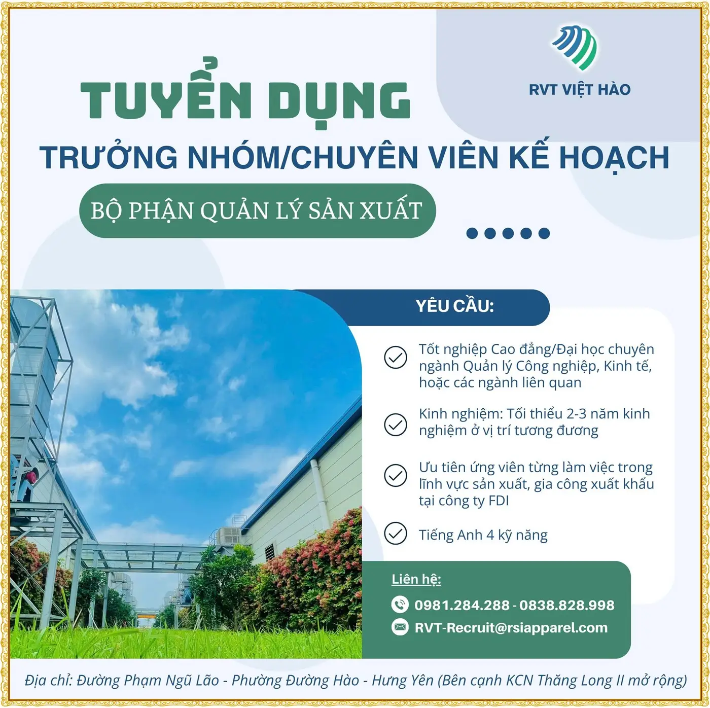 Tuyển trưởng nhóm, chuyên viên kế hoạc sản xuất tại hưng yên