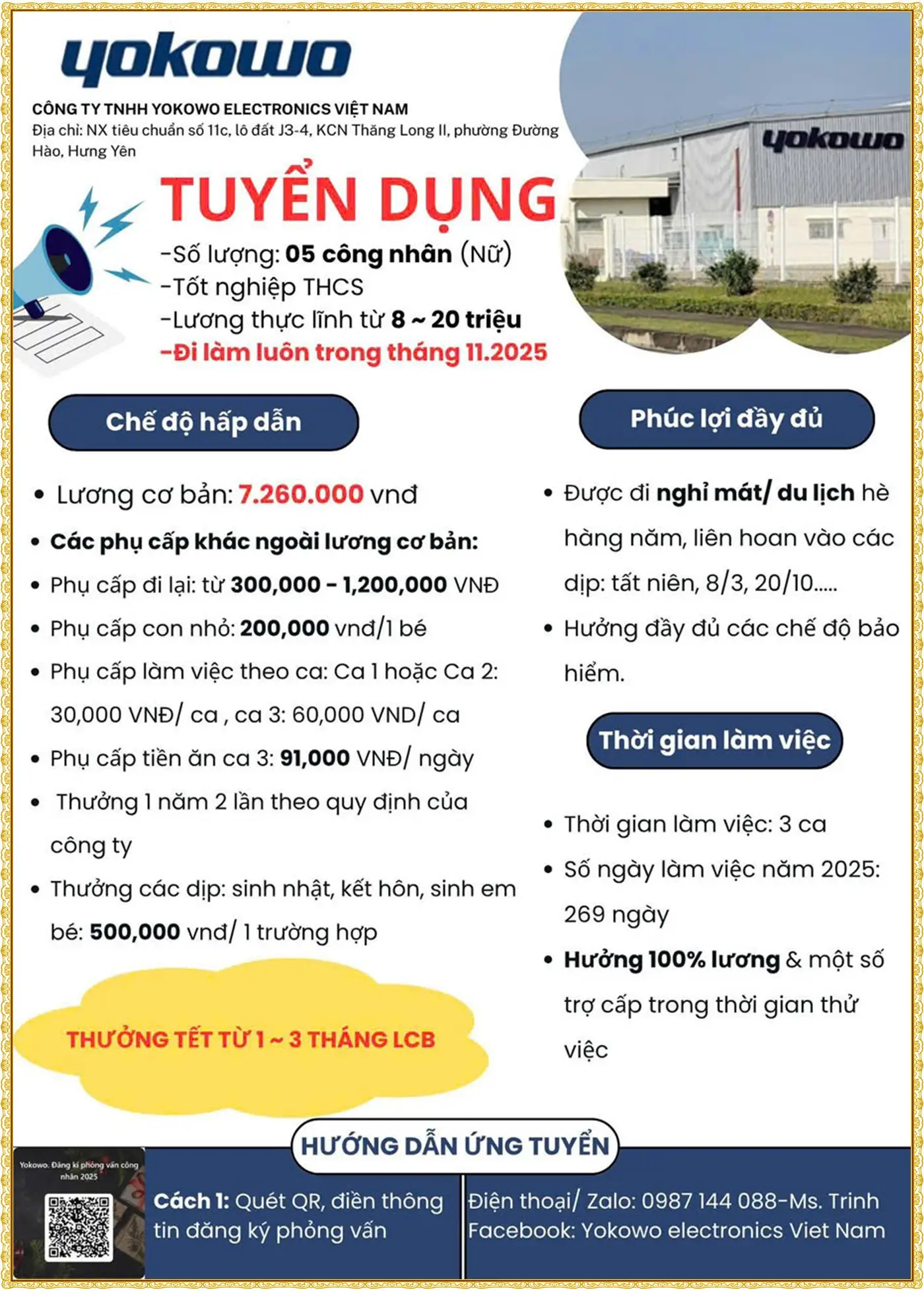 Hưng yên tuyển công nhân lương cơ bản 7,2 triệu