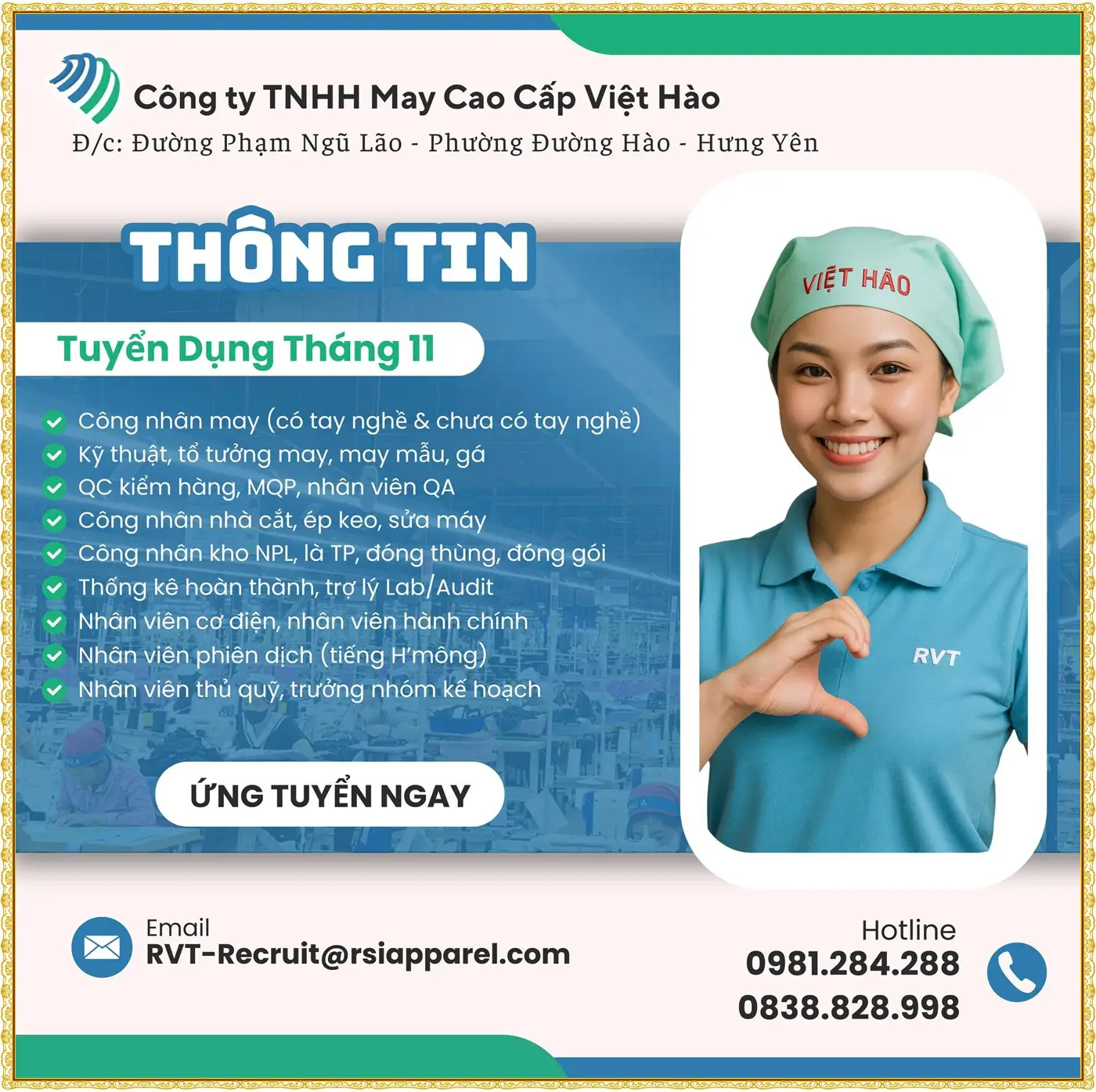 Hưng yên tuyển công nhân may, kỹ thuật may, tổ trưởng
