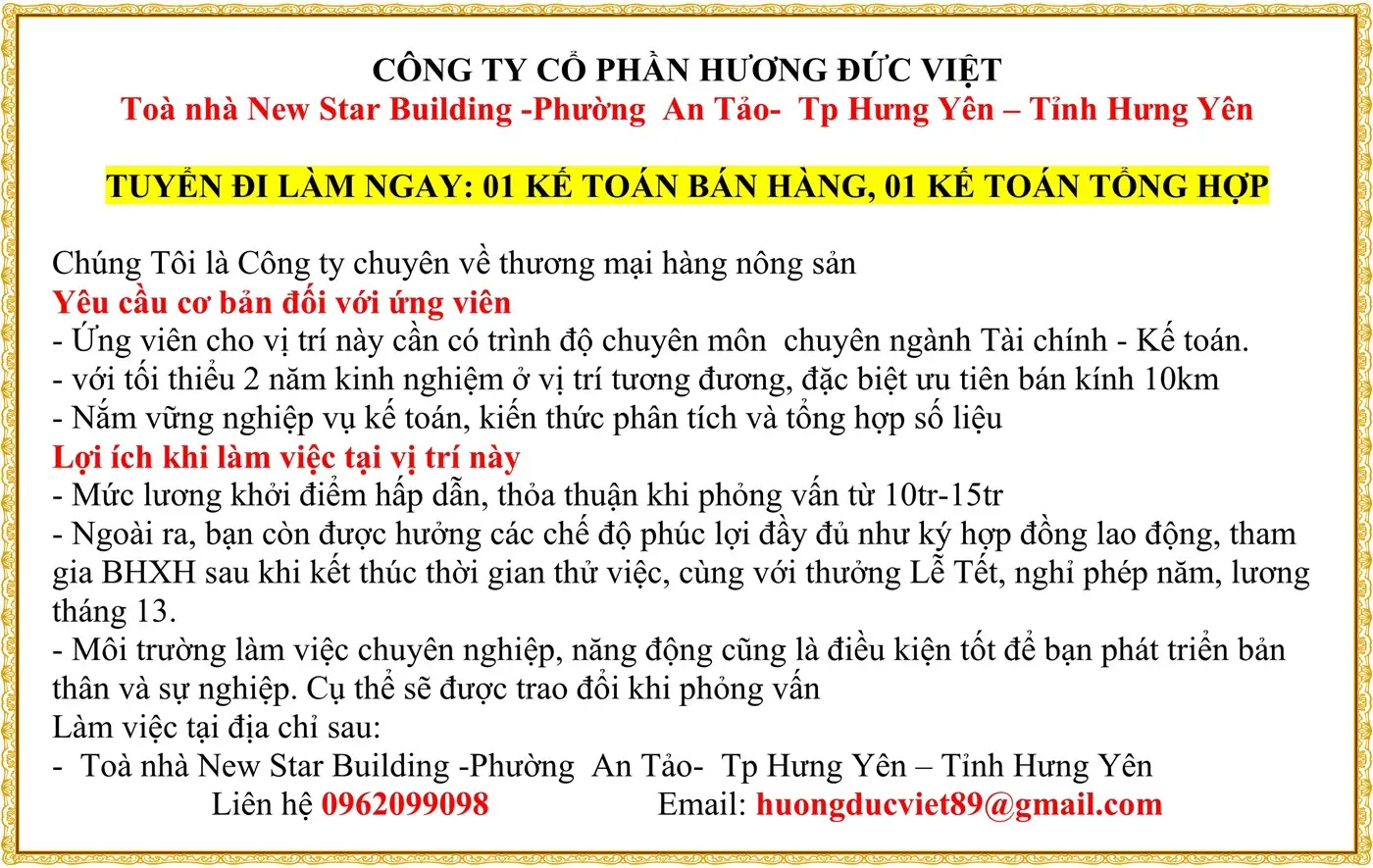 TUYỂN ĐI LÀM NGAY: 01 KẾ TOÁN BÁN HÀNG, 01 KẾ TOÁN TỔNG HỢP