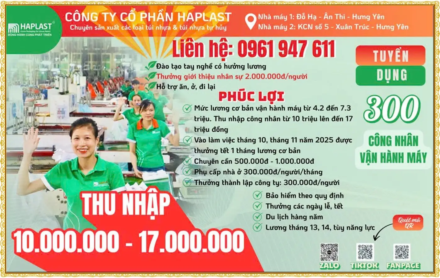 Tuyển 300 công nhân vận hành máy ngành nhưa tại Hưng yên