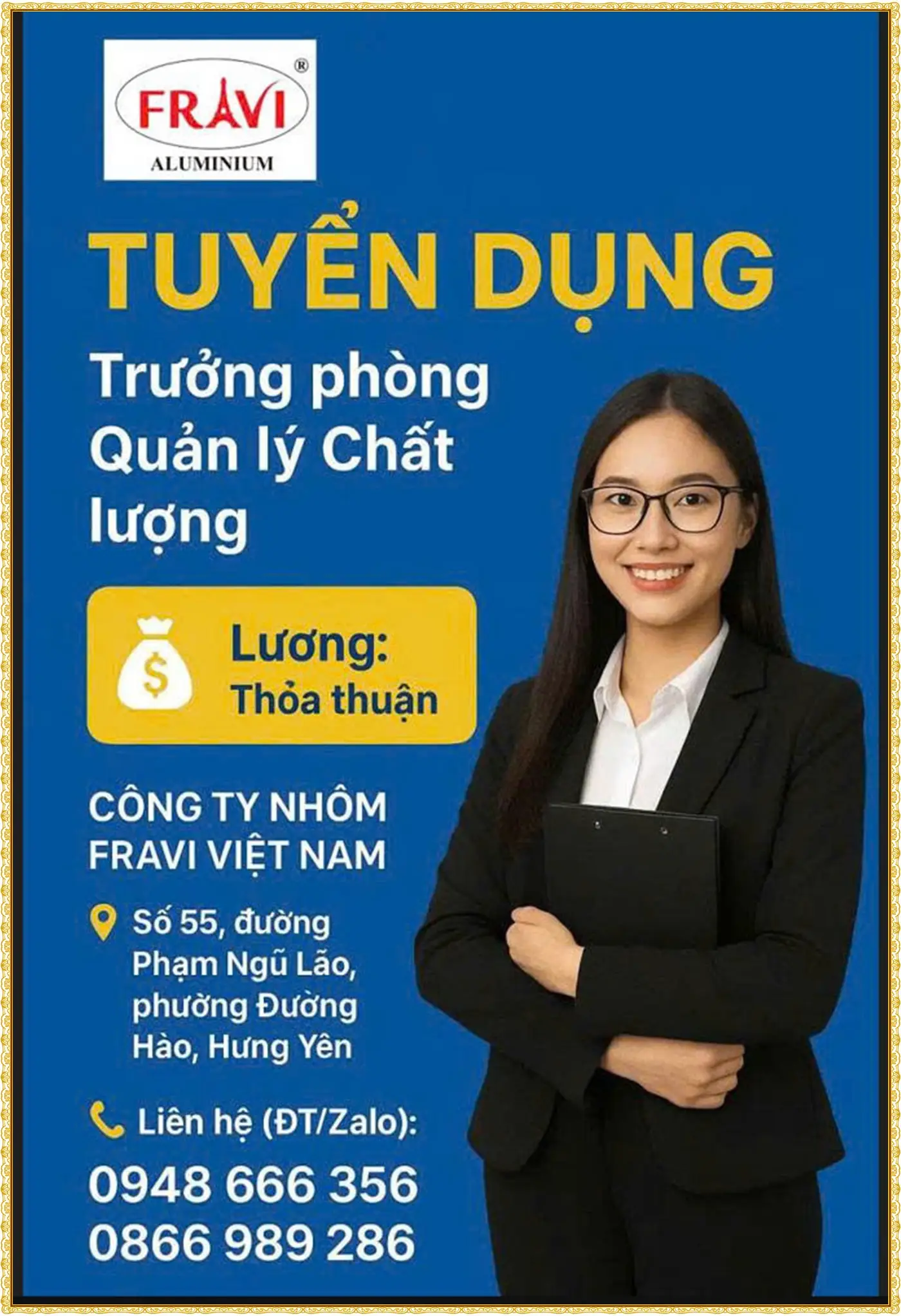 Hưng yên tuyển trưởng phòng quản lý chất lượng