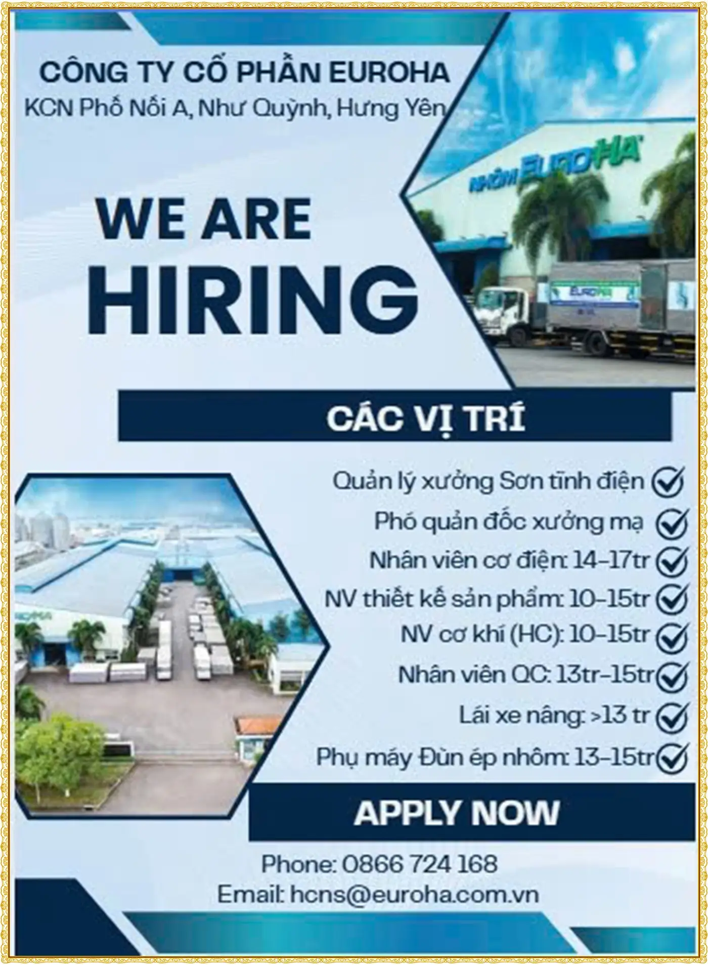 Hưng Yên tuyển Phó quản đốc, nhân viên KCS