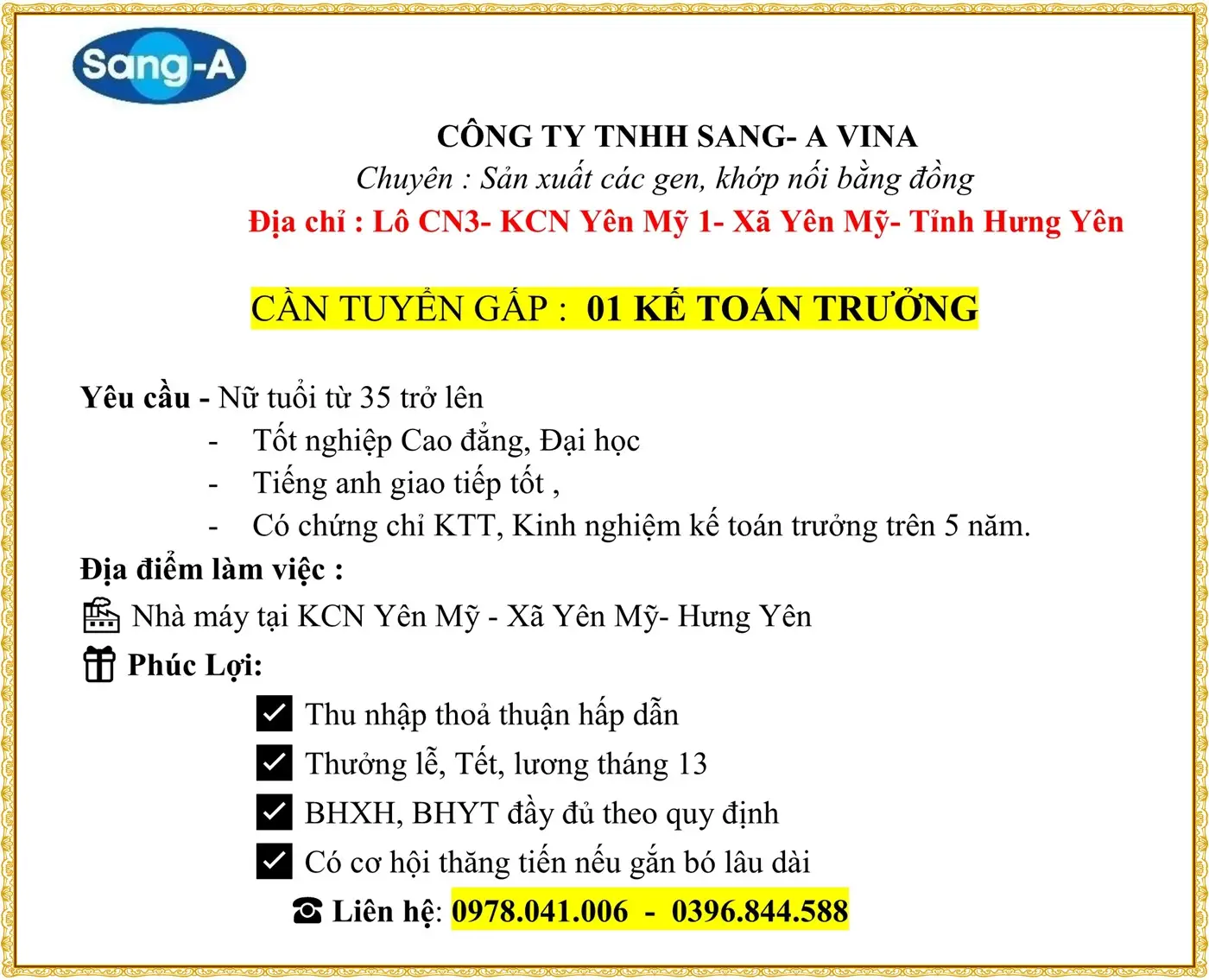CẦN TUYỂN GẤP :  01 KẾ TOÁN TRƯỞNG