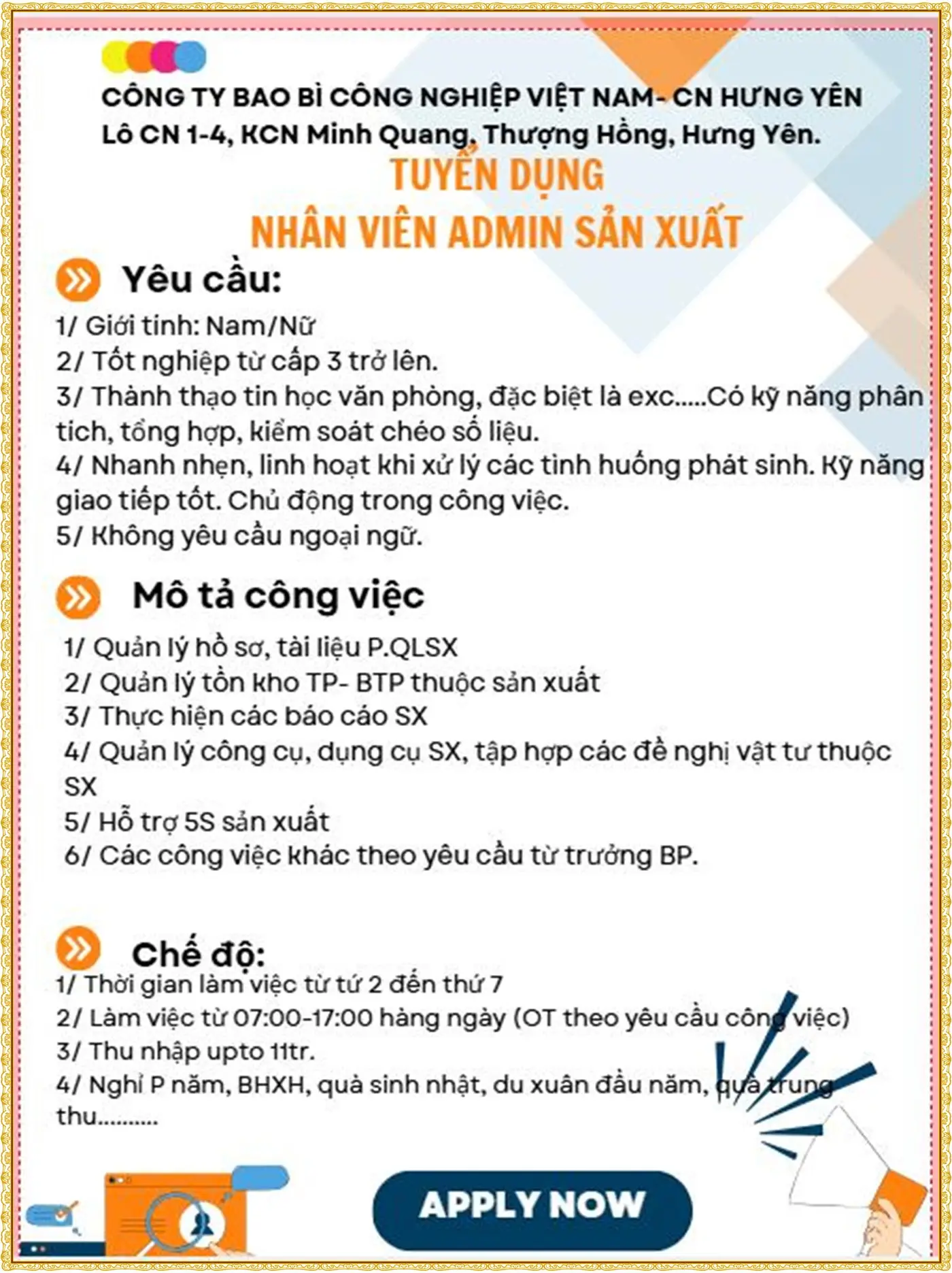 Tuyển nhân viên admin sản xuất