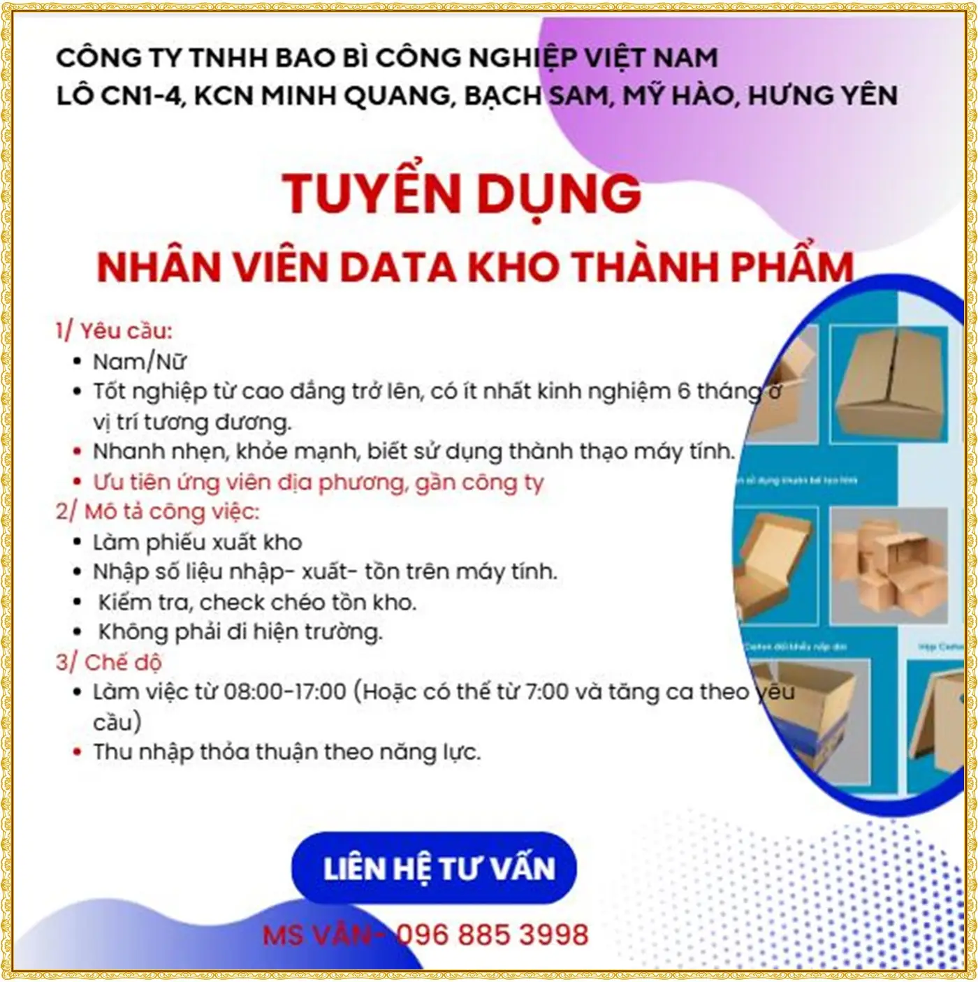 Tuyển nhân viên data kho thành phẩm tại hưng yên