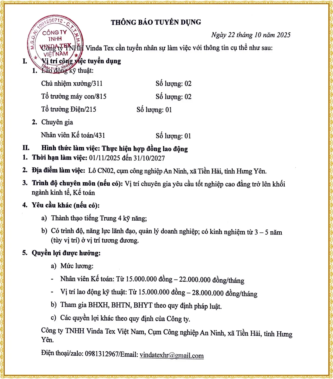 Hưng Yên tuyển Chủ nhiệm xưởng, tổ trưởng