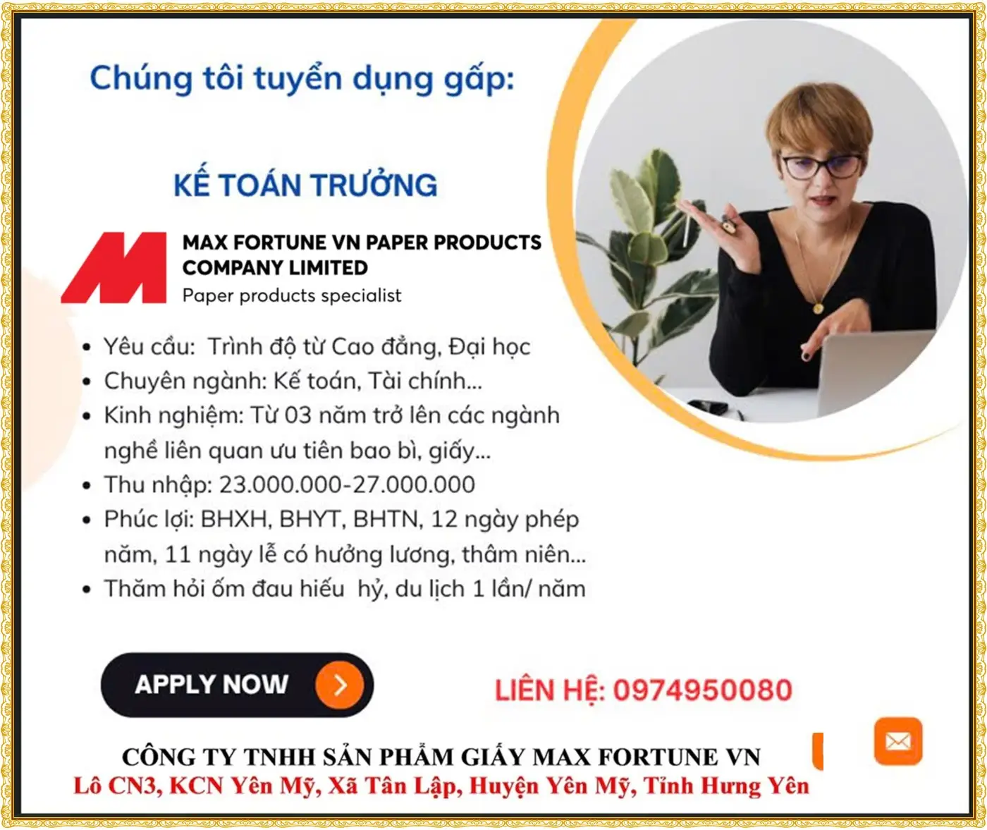 KCN Yên Mỹ, Hưng yên tuyển gấp Kế toán trưởng