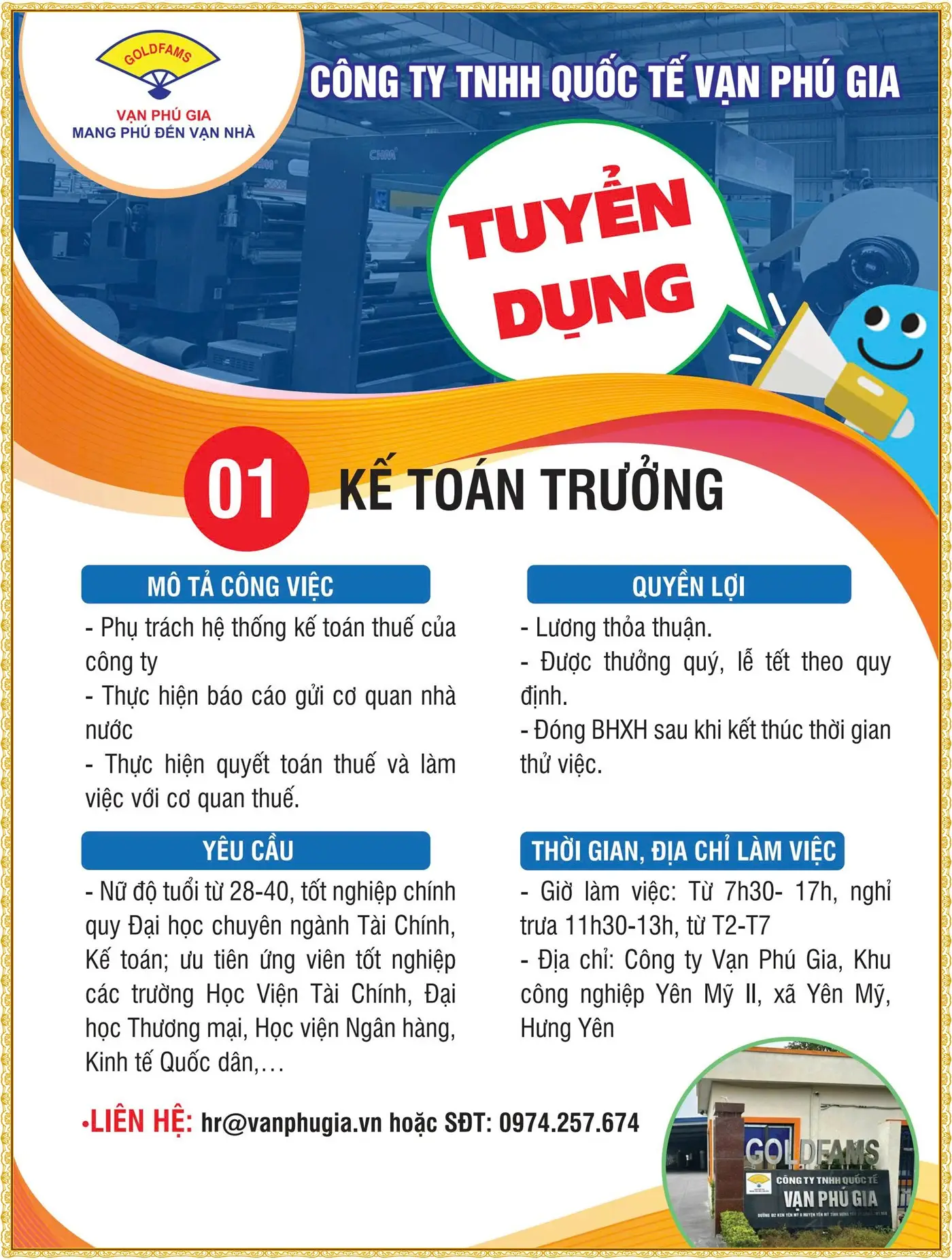 Tuyển gấp kế toán trưởng tại Hưng Yên