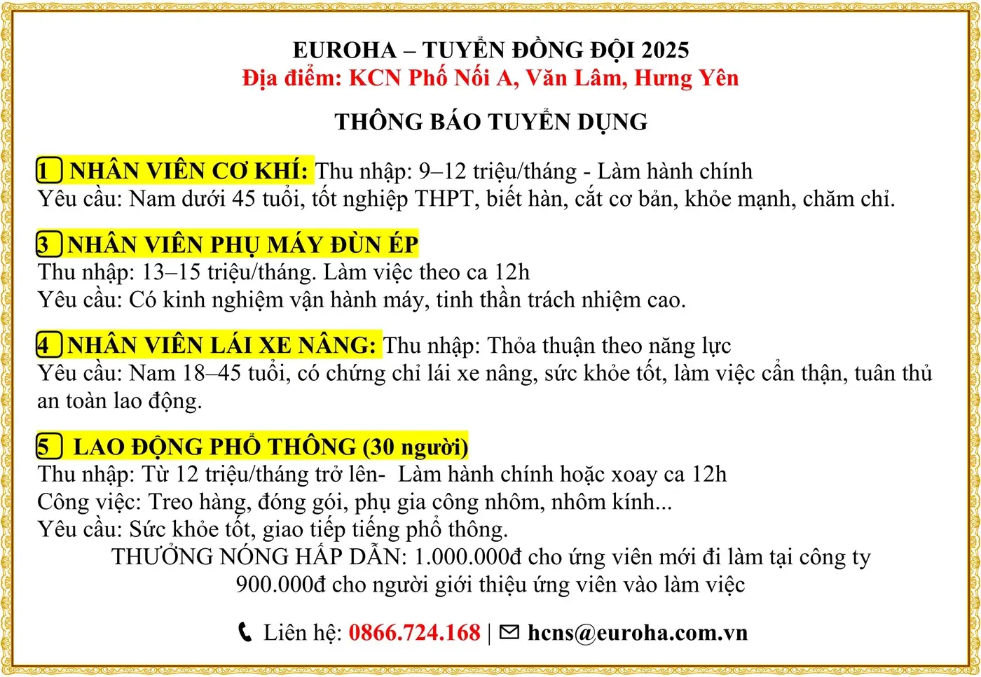 Hưng yên tuyển NHÂN VIÊN CƠ KHÍ